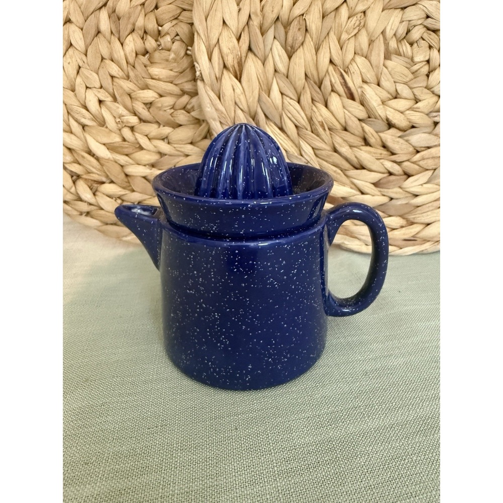 Vintage Rare Blue And White Speckled Ceramic Juicer And Small Pitcher